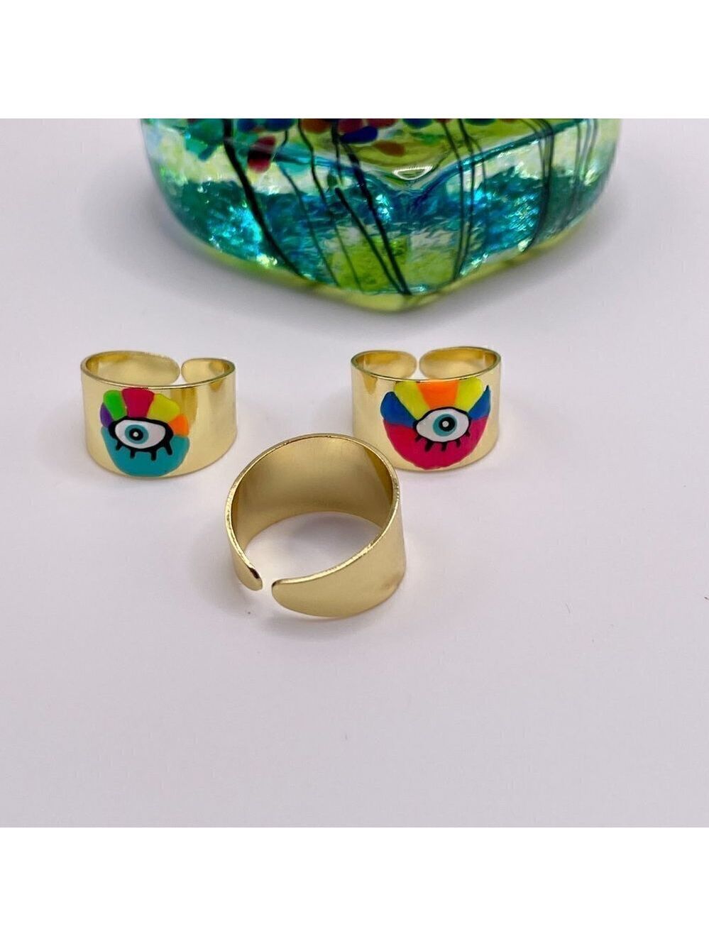 Boho Evil Eye Enamel and Copper Adjustable Ring #1300 NEON GREEN - Picture 5 of 14